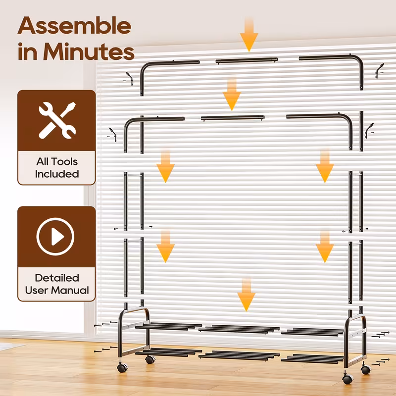 Black Heavy Duty Metal Double Rod Clothes Rack with Wheels, Shelves & Hooks, Rolling Garment Rack for Bedroom Closet