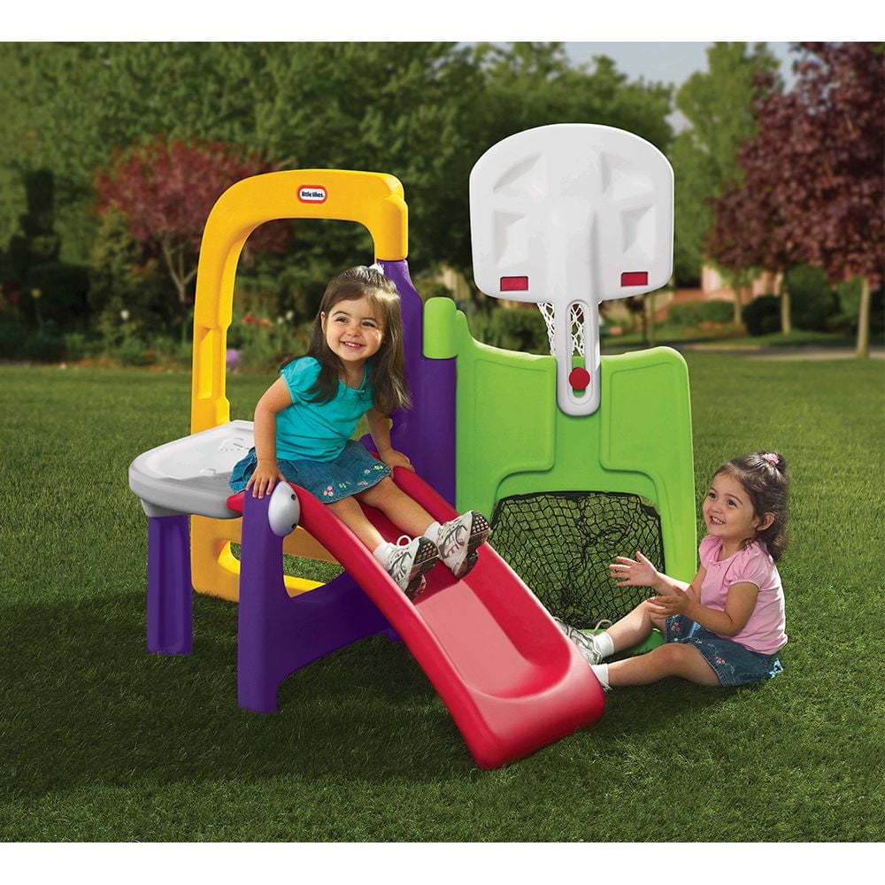 Little Tikes 4-in-1 Fold Away Climber with Basketball Hoop, Soccer/Hockey  Net and Slide