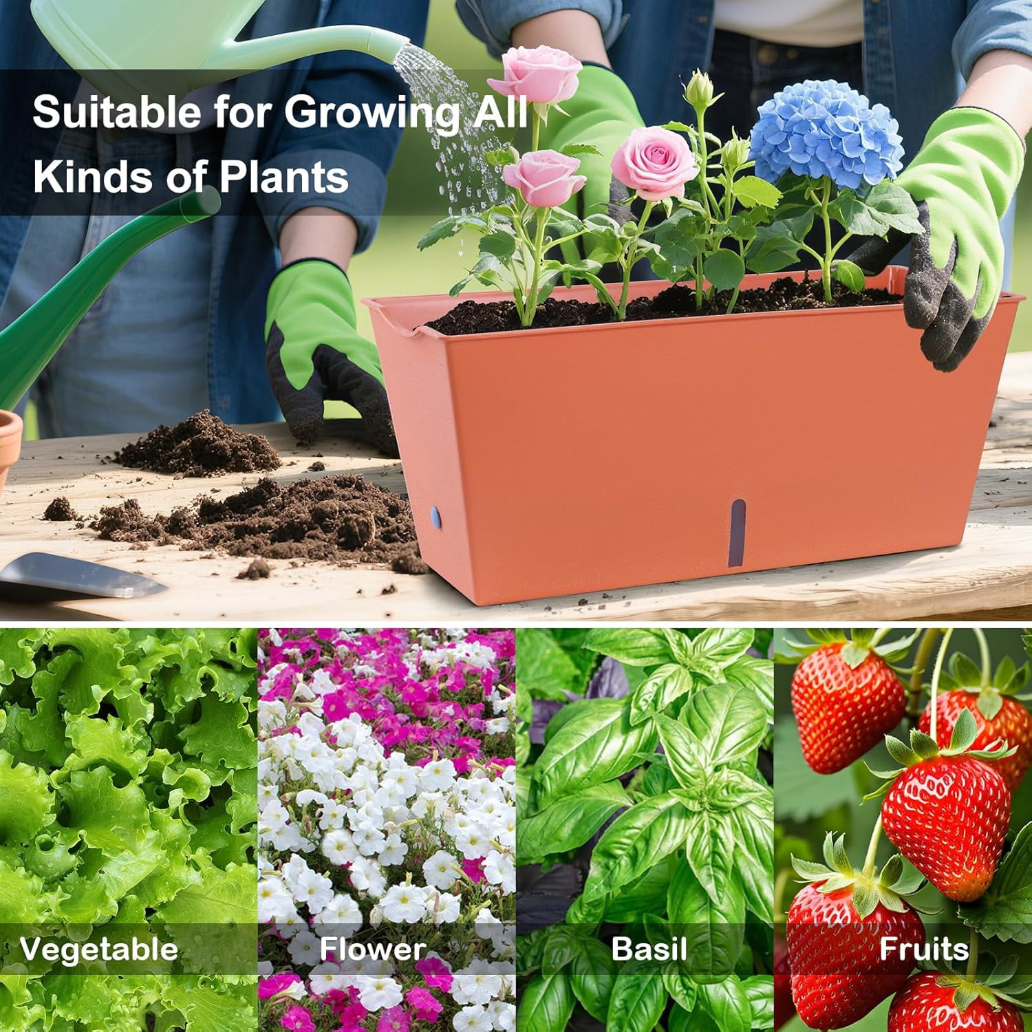 Window Box Planter 6 Pcs, 16.5 Inches Self Watering Rectangle Flower Plant Pots with Drainage Holes Trays, Vegetable Planters for Windowsill Patio Garden Balcony Porch Yard (Khaki)