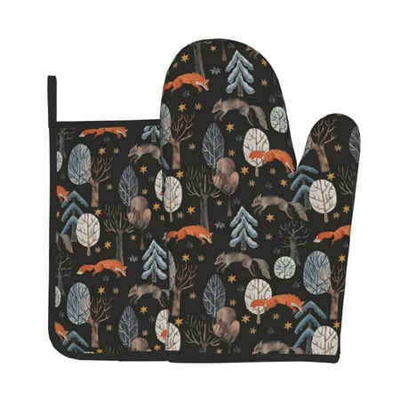 

Tebeau Fox In The Forest Print Oven Mitts and Pan Racks 2-Piece Set Kitchen Oven Mitts and Pan Racks Heat Resistant 500 °F for Baking and Cooking