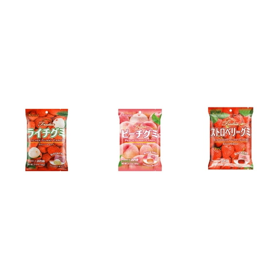 3 Pack Kasugai Gummy Candies, Made in Japan, Gluten Free, Mix 3 Flavor (Lychee,Peach,Strawberry) Plus NineChef Brand Long Handle Coffee Spoon