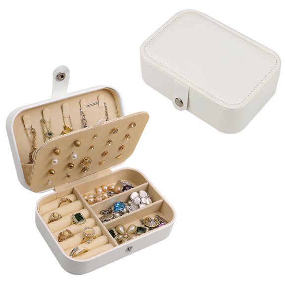 Mimifly Travel Jewelry Box for Women & Girls, Portable Mini Organizer Case (6.3"x4.3"x2"), PU Leather Dual Layer Storage for Rings, Necklaces, Earrings, Bracelets - White