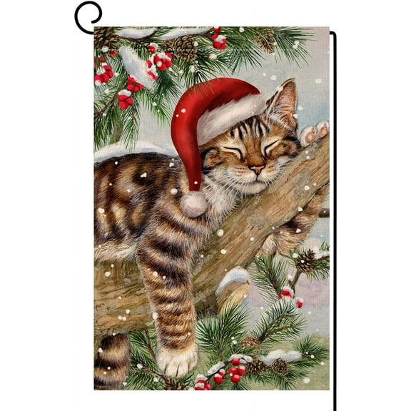 Shmbada Winter Cat Garden Flag 12x18 Vertical Double Sided Christmas Holiday Outside Decorations Burlap Yard Flag