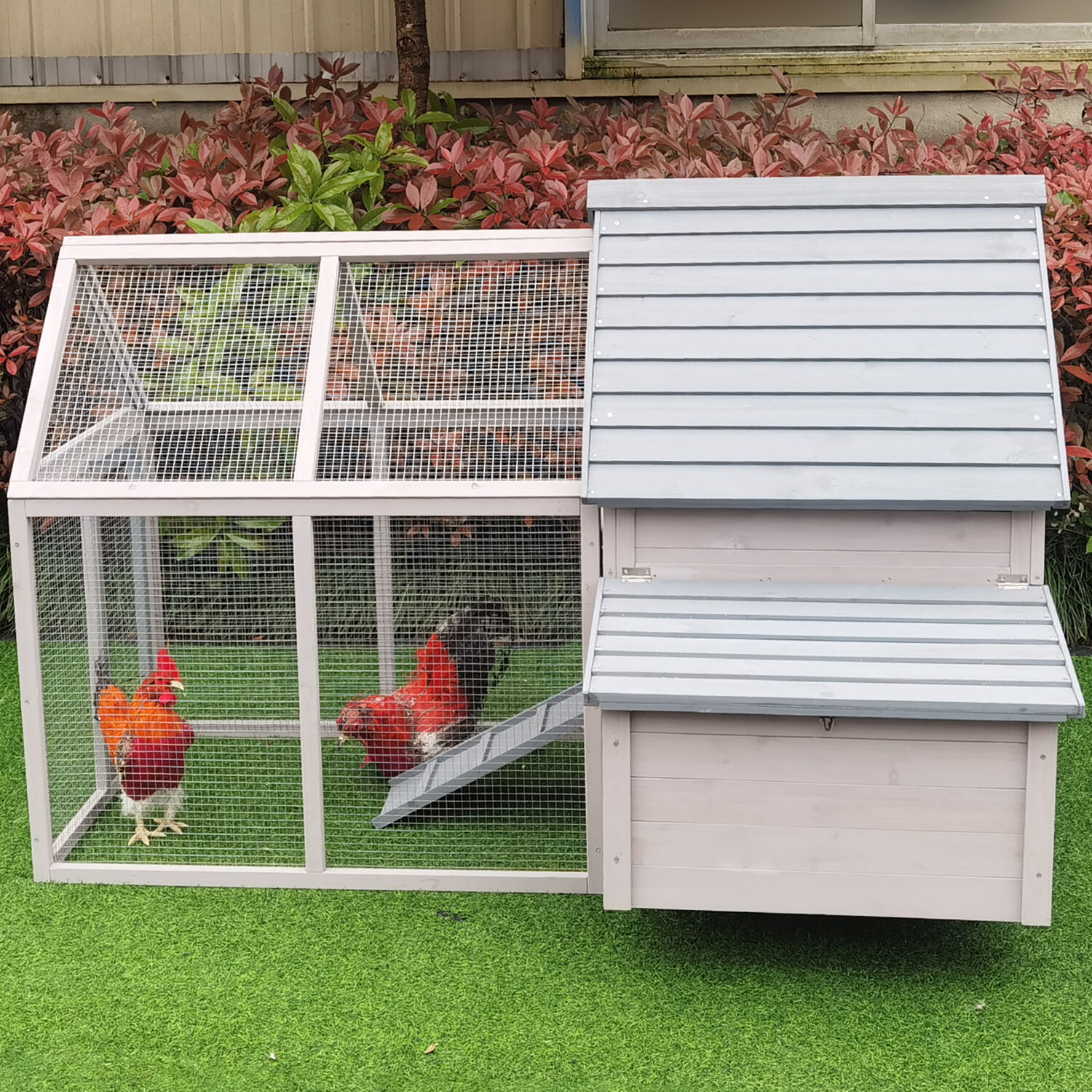 Hanover Outdoor Wooden Chicken Coop with Ramp, Large Wire Mesh Run, Waterproof Roof, Removable Tray- HANCC0106-GRY