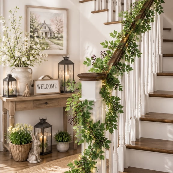 Spring Garland Decor - 6Ft Maples Leaf Plum Cimicifuga Seeded Garland - Christmas Mantle Fireplace Farmhouse Harvest Decorations for Home Outdoor Indoor Porch