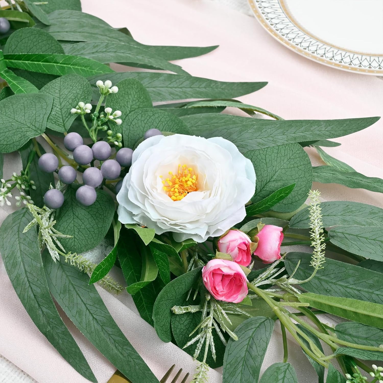 Lyacmy 12Ft Artificial Rose Flower Garland Greenery, Fake Silk Camellia Rose Vine Hanging Rose for Wedding Party Mantle Backdrop Room Decor