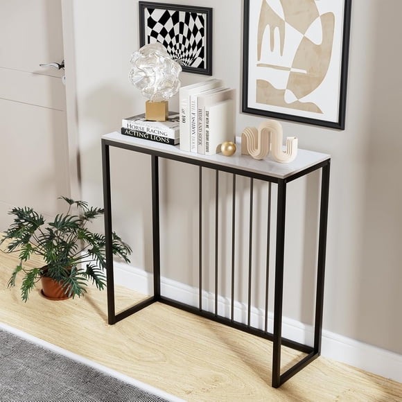 Entry Table White: Sintered Stone Hallway Table Narrow Marble Effect Top with Black Metal Frame Modern Accent Sofa Side Hall Living Room Table