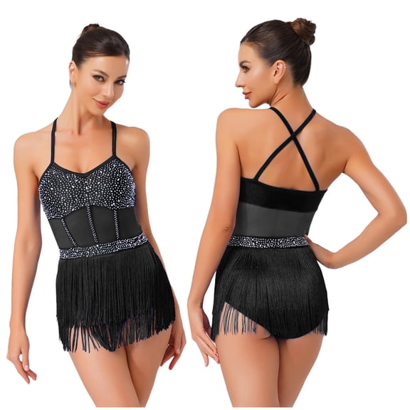 iixpin Women's Sparkly Latin Jazz Dance Leotard Sleeveless Fringe Samba Rumba Tango Ballroom Dance Black XL