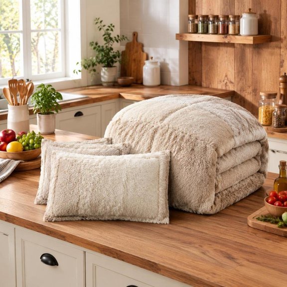 Comforter Mini Set, King/Cal King size, ombre shaggy long fur top with faux mink reverse, 3-piece hypoallergenic bedding set