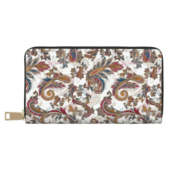 Leather Thin Slim Wallets for Women Men - Exotic Floral Paisley Clutch Card Wallet for Women Men with Zipper