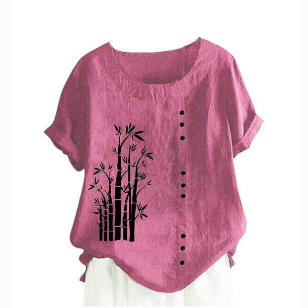 Camiseta Casual de Manga Corta con Botón de Cuello Redondo de las Mujeres, Tops Cortos para las Mujeres