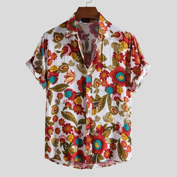 Handshe Men's Hawaiian Patchwork Short - Sleeve Beach Casual Shirt