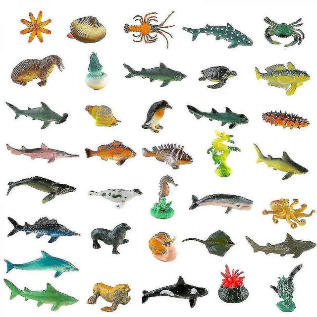 Juguetes de criaturas marinas, 36 piezas, figuras de animales marinos, juguetes de tiburones para niños pequeños, decoraciones para niños, juguetes de peces de plástico, paquete preescolar y juegos