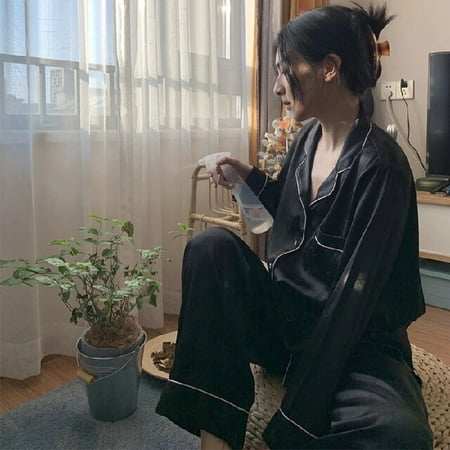 

PIKADINGNIS Women Sleepwear Set Spring Pajamas Set for Women Fake Silk Black Pijama Set Girl Nightgown Loose Waist Long Pant Silk Pajamas