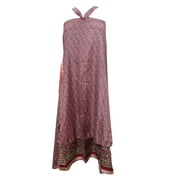 Mogul Magic Wrap Skirt Two Layer Reversible Pink Printed  Silk Sari Halter Dress Beach Wear