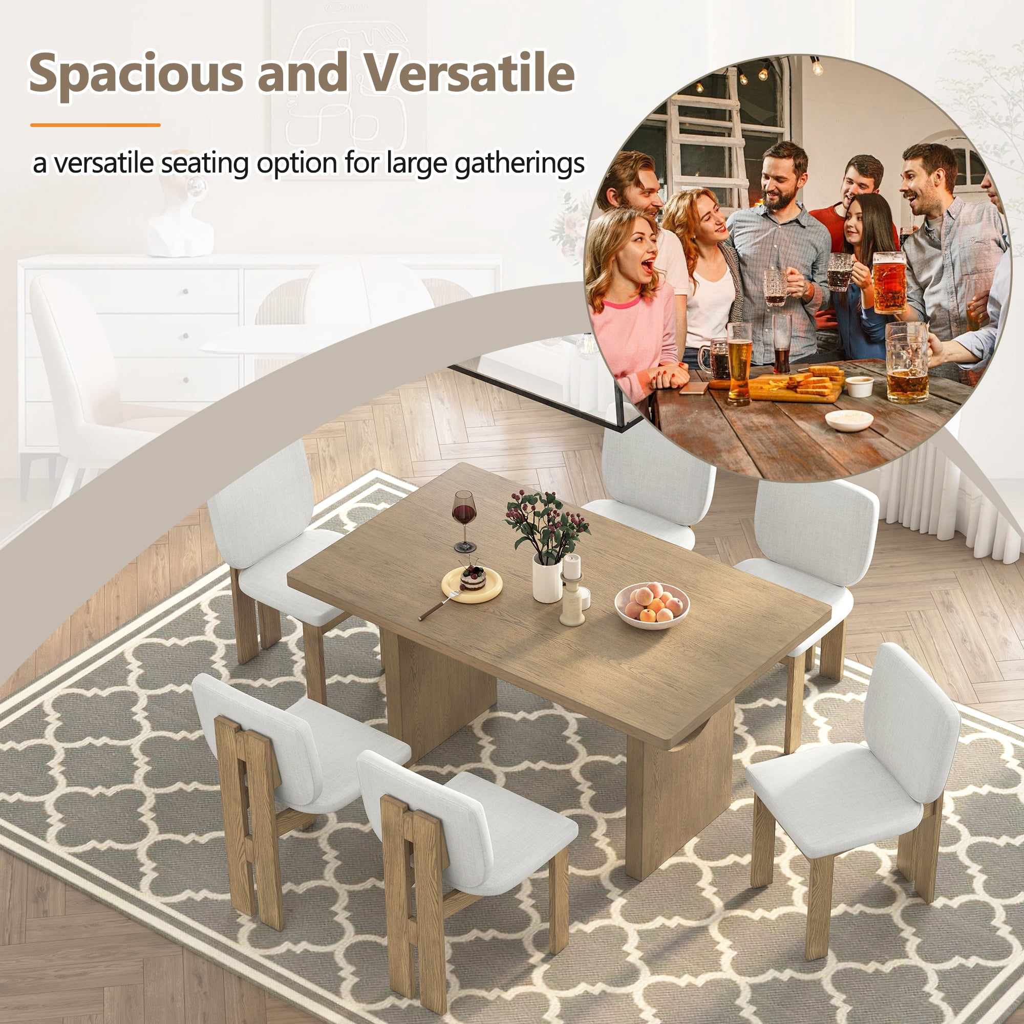 7-Piece Dining Table Set for 6, 60" Rectangular Dining Table with 6 Upholstered Chairs