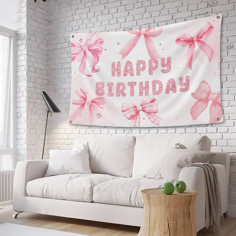 Sfondo Fotografico Coquette Con Fiocco Rosa E Scritta Happy Birthday | Telo In Vinile 240x180 Cm Per Feste Di Compleanno, Baby Shower E Addio Al Nubilato