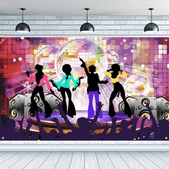 5.9x3.6ft Disco Dancing Night Backdrop Vintage 70s Theme Party Backdrop Disco Ball Audio Lighting People Silhouette Banner Colorful Banner Decoration Vintage Theme Banner for Party DIY