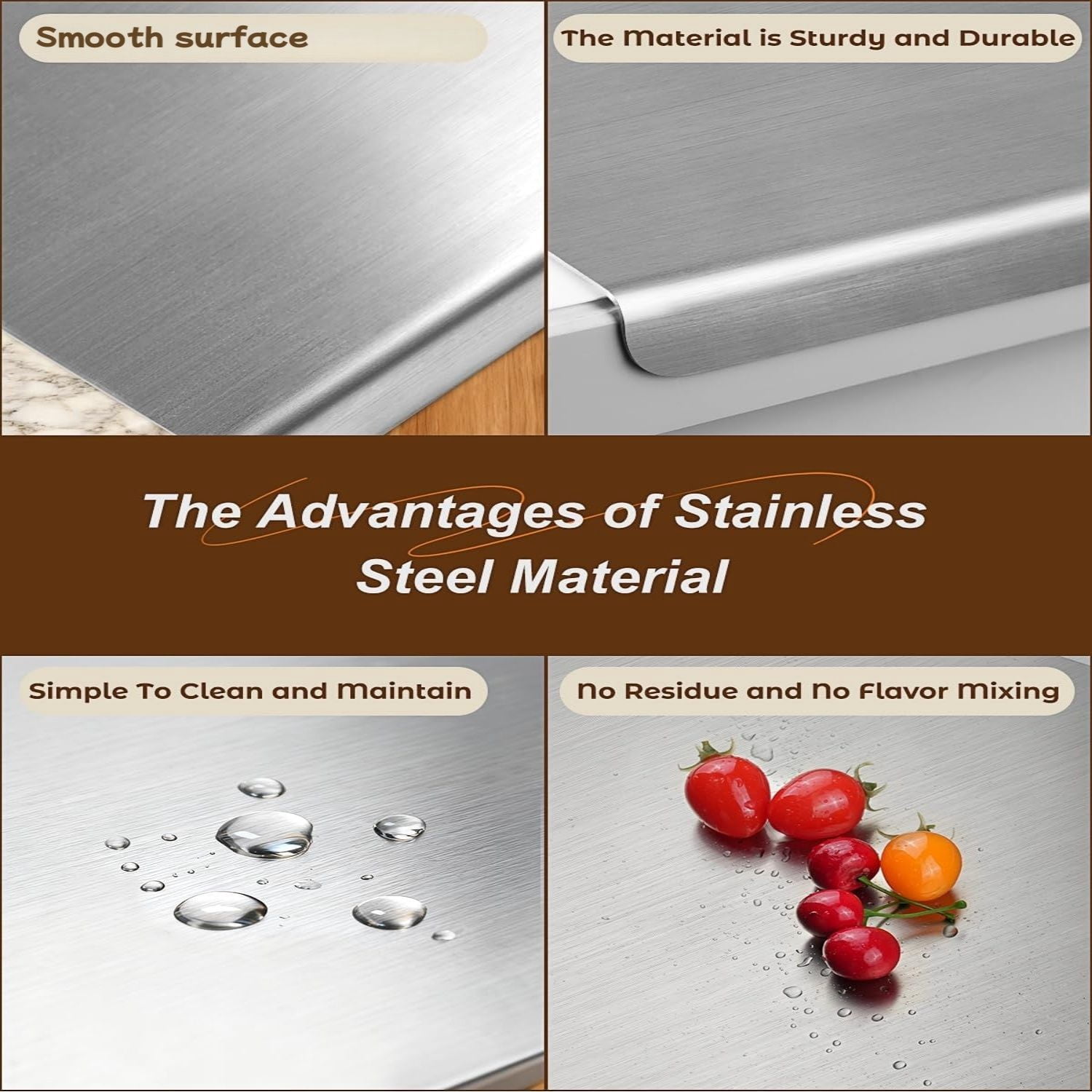 Stainless Steel Cutting Board with Lip for Kitchen Chopping Boards for Countertop Large Metal Cutting Board over Sink Suitable for Meat Fruits Vegetables Bread Noodle and Pizza Bamboo Knives