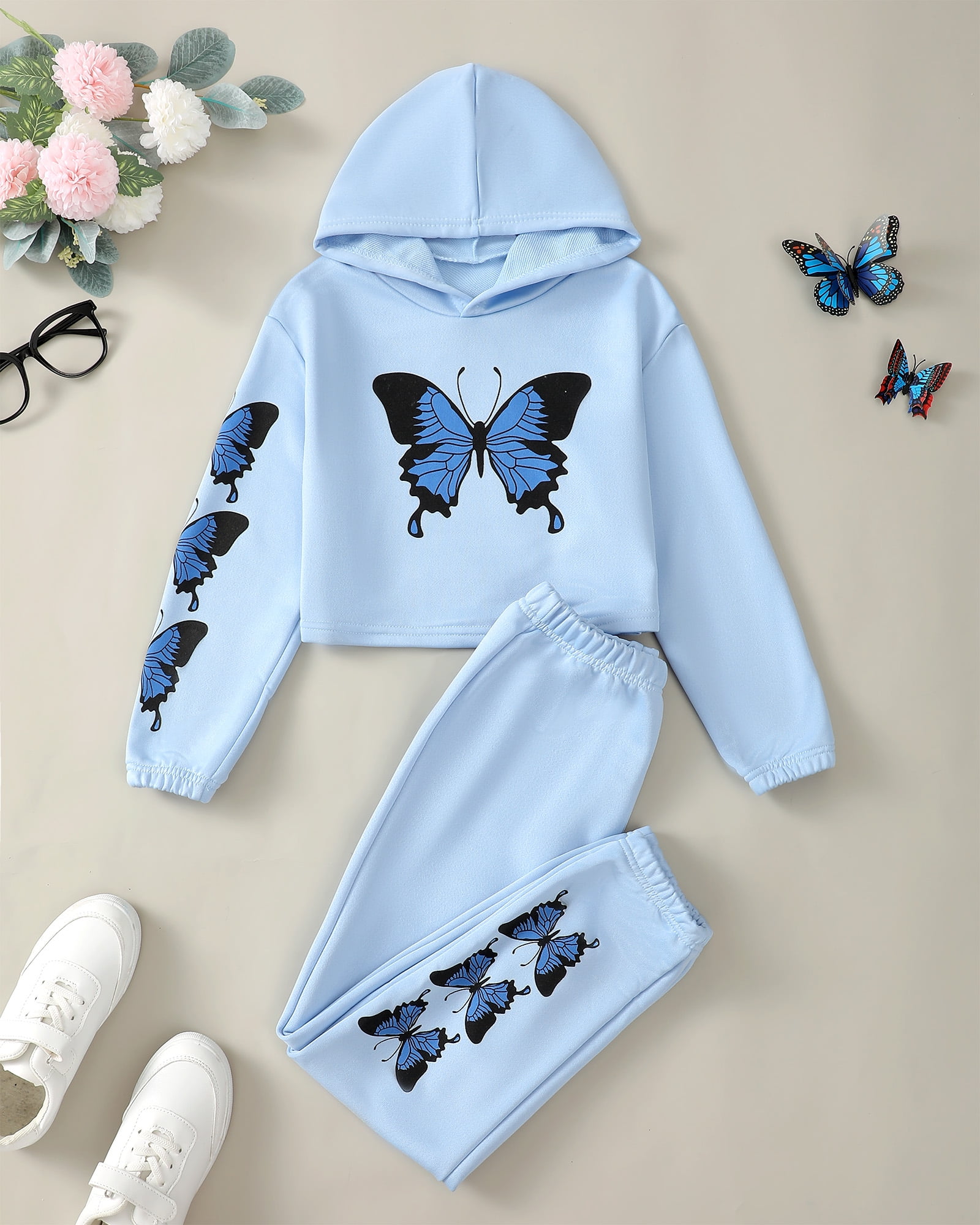 Kucnuzki 9 Years Big Girls Winter Outfits 10 Years Big Girls Warm Clothing Sets Long Sleeves Pullover Hoodie Sweatshirt Butterfly Hooded Top Elastic Pants 2pcs Pant Sets Blue