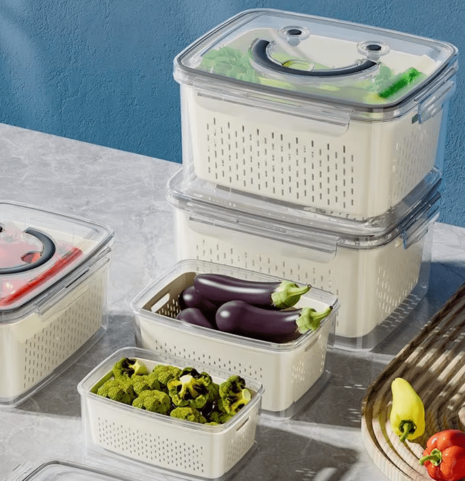 AK Products 4-Piece Large Fruit & Vegetable Storage Containers with Lids & Removable Colander – BPA-Free Plastic Produce Saver for Fridge & Kitchen Organization