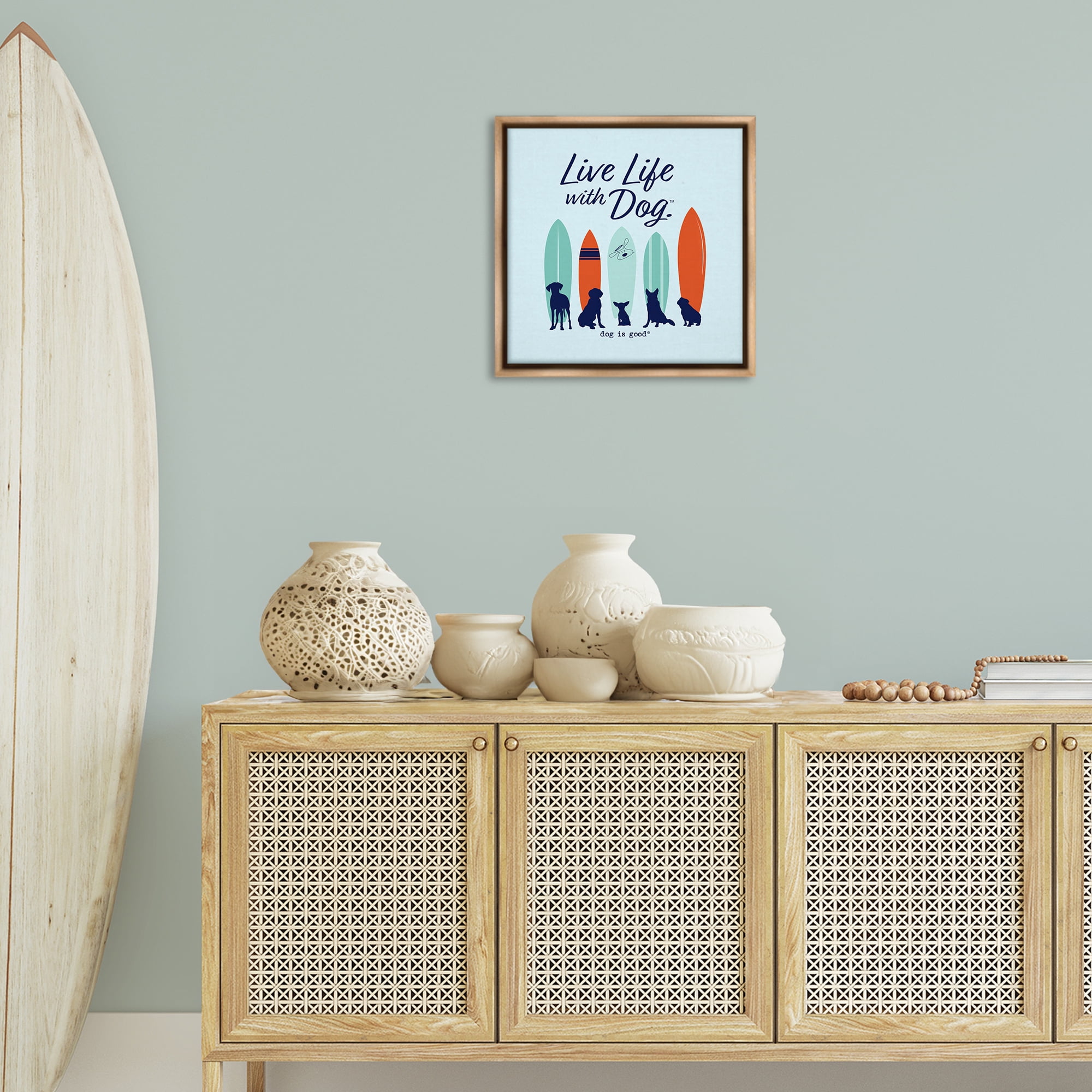 Stupell Industries Surfboards & Dogs Phrase Animals Painting Brown Floater Framed Canvas Art Print Wall Art, 18 x 18