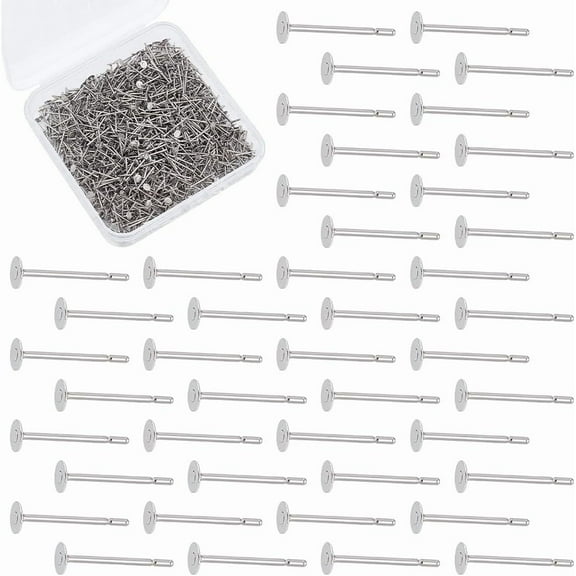1000Pcs Stainless Steel Earrings Posts Flat Pad Earring Post Blank Earring Studs Flat Round Ear Studs DIY Jewelry Findings for Stud Earrings Jewelry Making 12x3mm Pin: 0.7mm