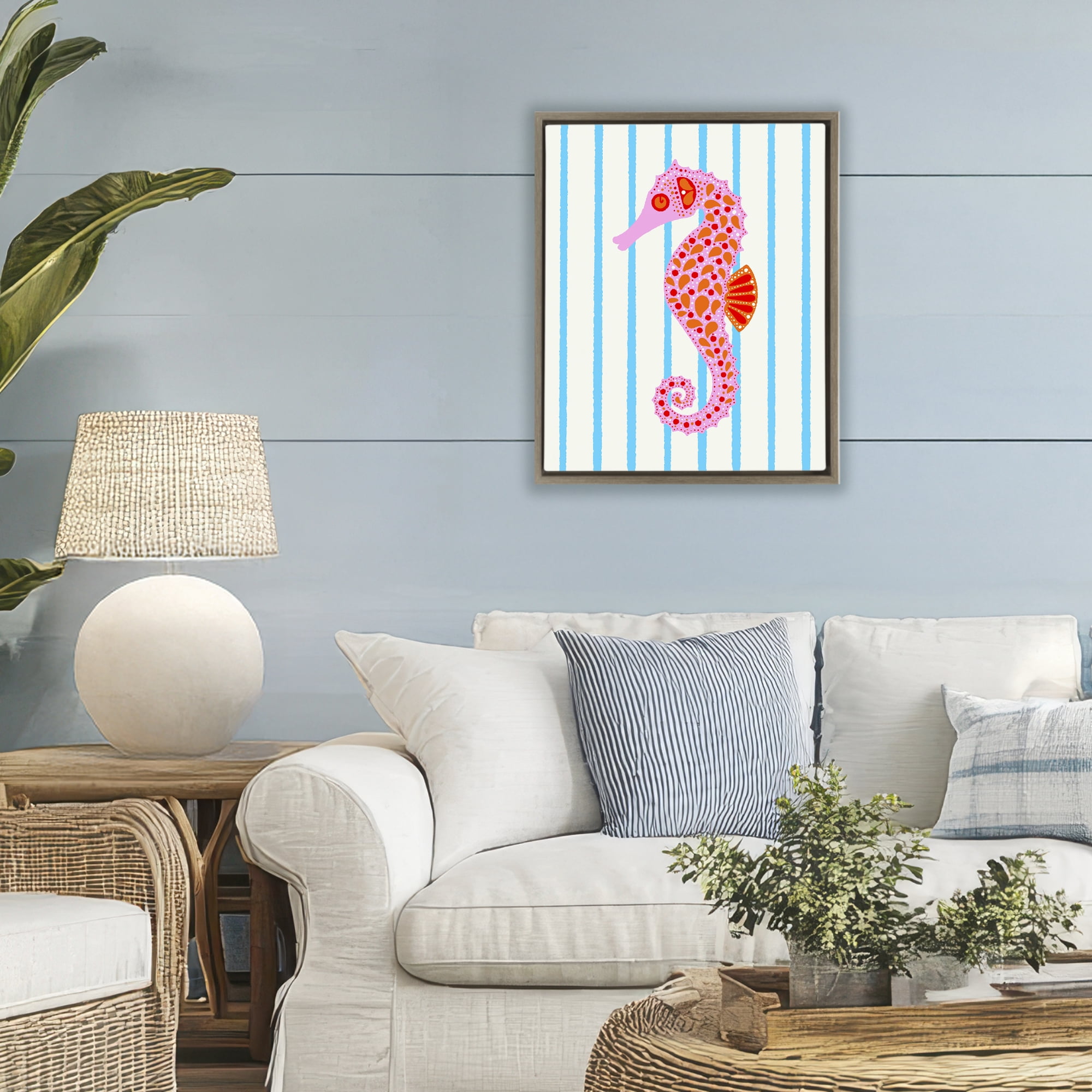 Stupell Industries Boho Seahorse on Stripes Brown Framed Floater Canvas Wall Art, design by Indira Prieto | IndySign