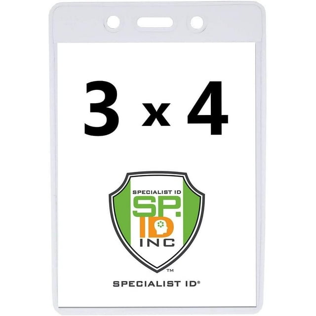5 Pack - 3X4 Name Badge Holder Vertical - Heavy Duty Clear Plastic Conference Name Badges - 3 X 4 Portrait Badge Sleeve Cover for Large Event Name Tag by Specialist ID