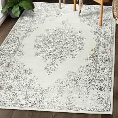 ReaLife Machine Washable Rug - Stain Resistant  Non-Shed - Eco-Friendly  Non-Slip  Family & Pet Friendly - Premium Recycled Fibers -Distressed Boho Medallion - Ivory  7 6  x 9 6