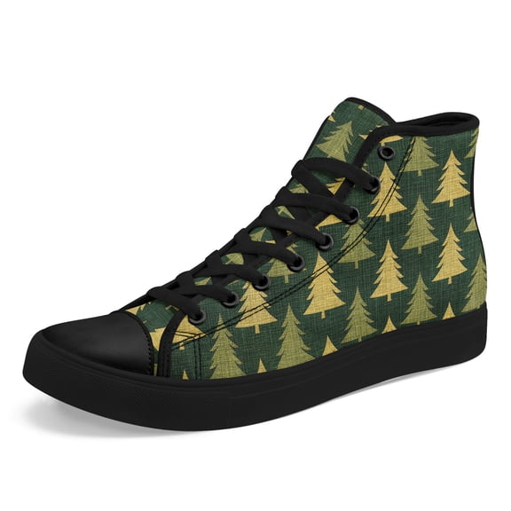 Coolcustomize Mens Plus Size High-Top Sneakers with Retro Christmas Tree Print, Lace-Up Winter Shoes, Rubber Sole Traction for Daily Walking, Outdoor Travel & Christmas Parties Gift