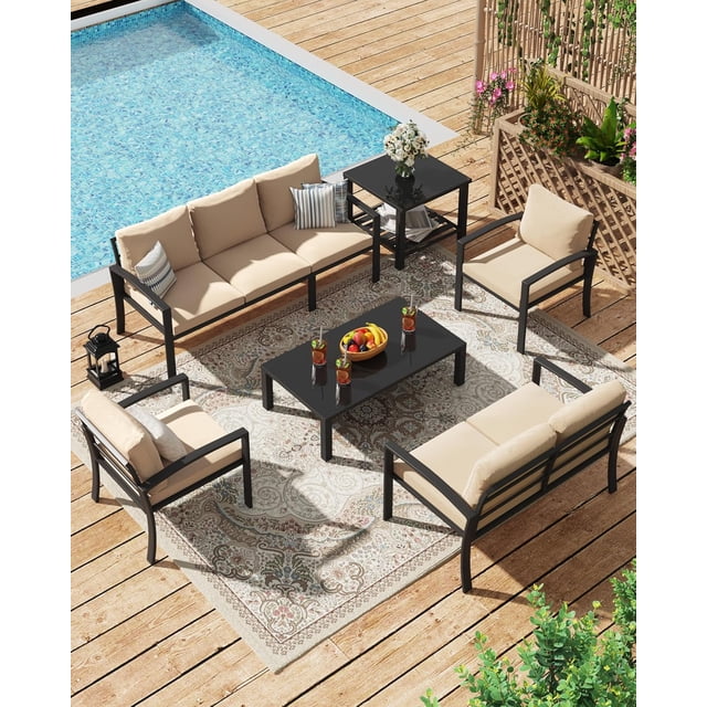 AECOJOY Metal Outdoor Patio Conversation Set, 7 Seats Patio Furniture with Coffee Table, Side Table & Deep Seating Cushions for Garden, Balcony (Beige)