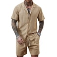 thumbnail image 2 of Ceisia Men's Casual Short Sleeve Button Down Shirt Open Weave Breathable and Elastic Waist Drawstring Shorts Two Piece Set Gifts for Father Multicolor L, 2 of 8