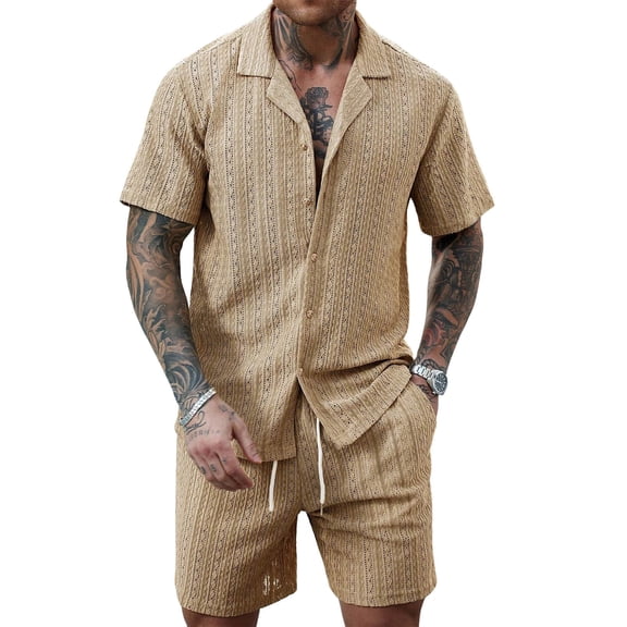 Men's 2 Pieces Outfits Summer Beach Set See Through Sheer Short Sleeve Shirts and Shorts Sets