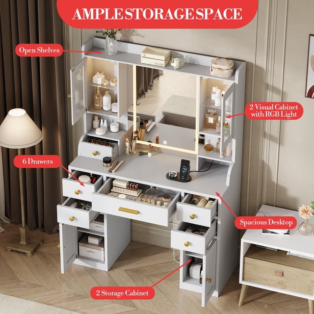 EDTara White Makeup Vanity Desk, Vanity Table With Mirror, Touch Switch, Built-In Power Outlet, 3 Led Lights, 6 Drawers, and 2 Cabinets for Bedroom