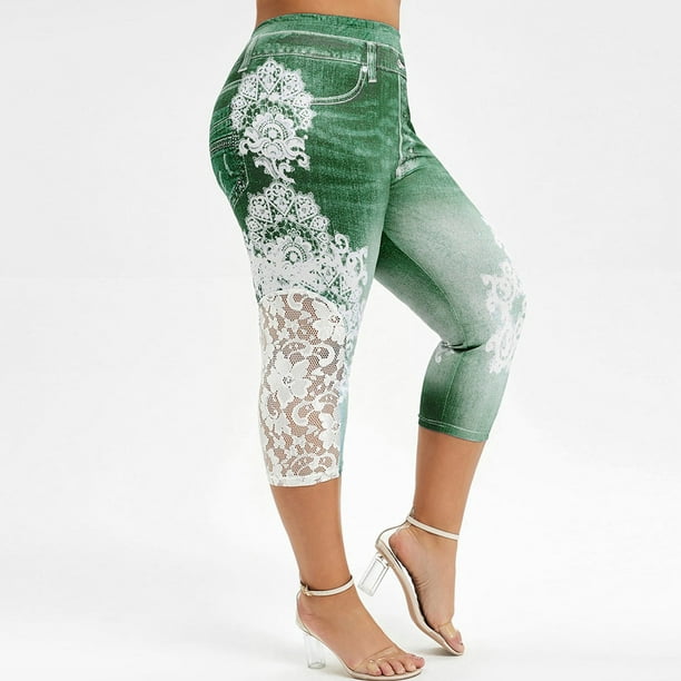 Waisted Stretch Jean Leggings Lace Trin Elastic Sliming Cropped