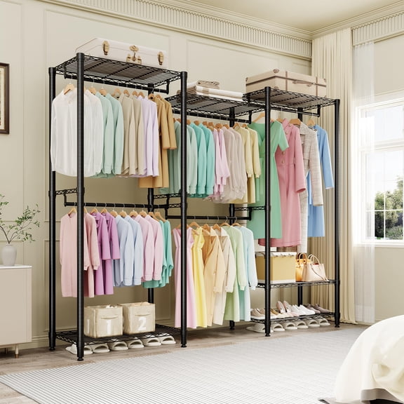 Kicctian Portable Clothes Rack –Freestanding Heavy-Duty Garment Rack with 5 Hanging Rods, Adjustable Shelves, Closet Organizer for Bedroom, 76.5"H x 67.6"L