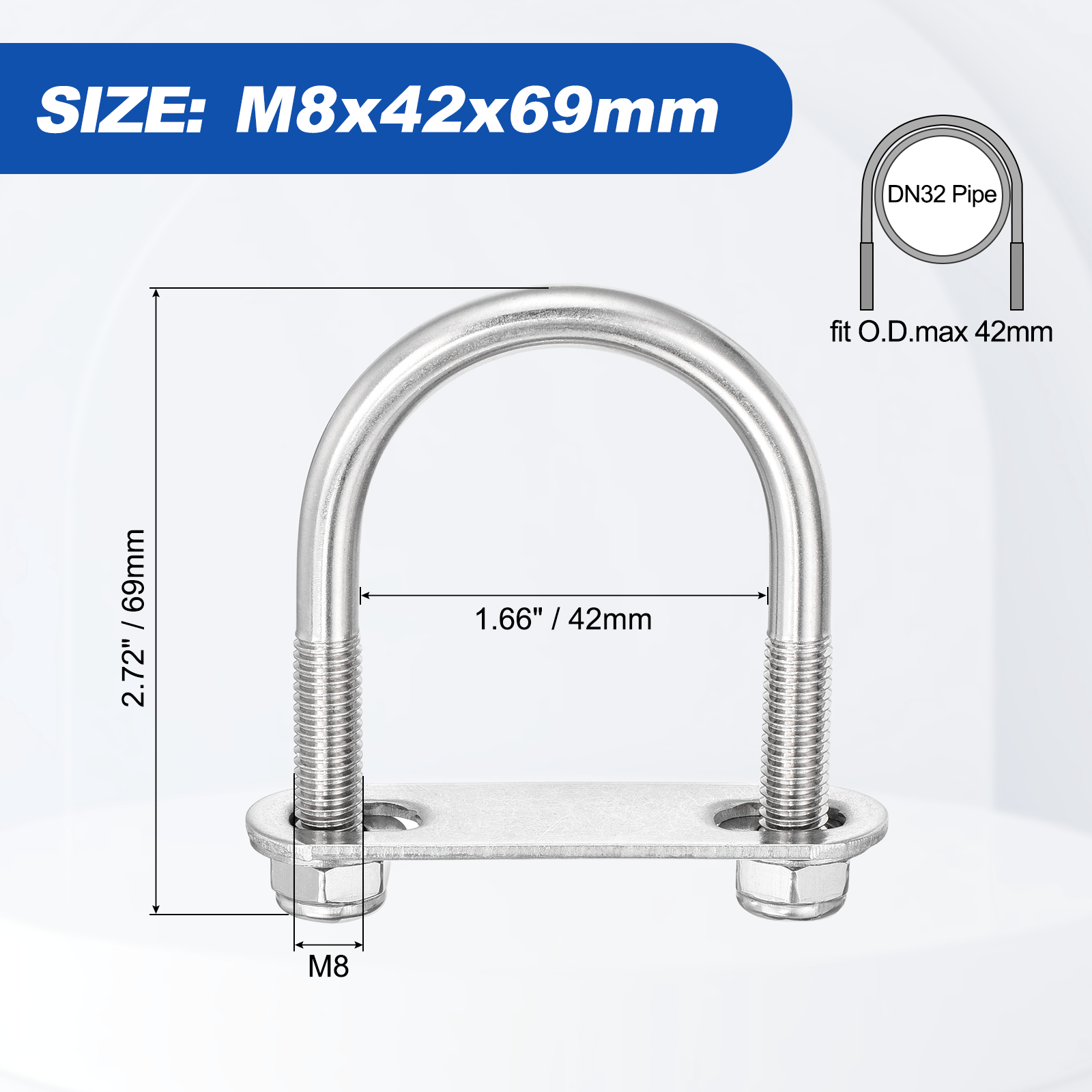 U Bolts 4Set (M8x42x69mm), Round U Bolt Kits DN32 304 Stainless Steel with Nylon Lock Nut Washers Plates - for Construction, Pipe, Trailer, Automotive, Leaf Spring Fastener