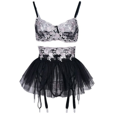 

Exotic Underwear Mesh Embroidery Floral Patchwork Dew Suit Fluffy Skirt 3PCS Set Lingerie Sleepwear Chemise Nightwear