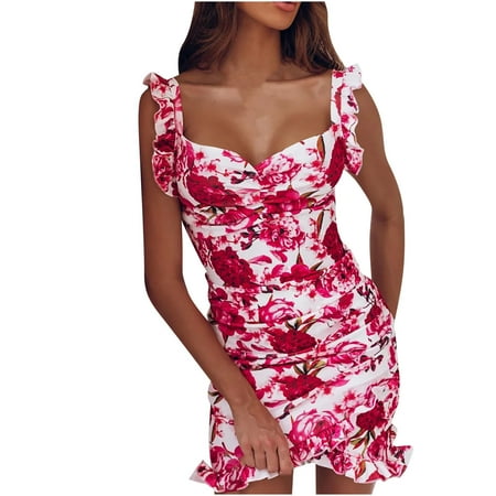 

Dresses for Women Summer Elegant Sleeveless Floral Printed Ruffle Ruched Cocktail Party Mini Dress