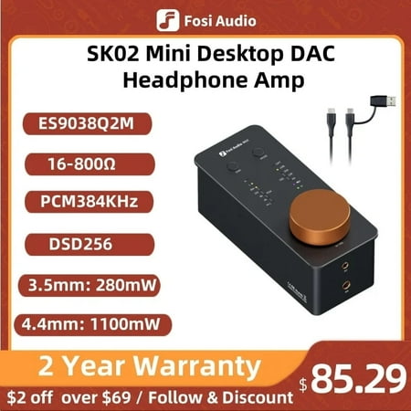 Fosi Audio SK02 1-Channel Headphone Amplifier, Retail Packaging with Accessories, New