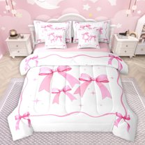 Feelyou Cute Watercolor Bow Bedding Comforter Set 7pcs for Child, Kawaii Bowknot Stars Pink King Bedding Sets, Dreamy Princess Ribbon Reversible Bed Sheets, Lightweight Room Decor