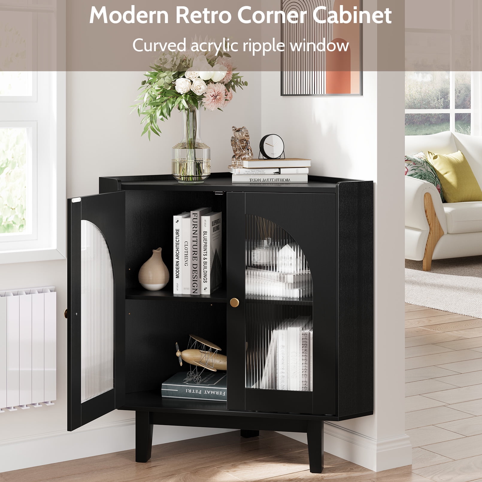 Vividwood Floor Corner Cabinet with Doors and Shelves, Fluted Storage Cabinet Freestanding Corner Cabinet for Bathroom, Kitchen, Living Room, Black