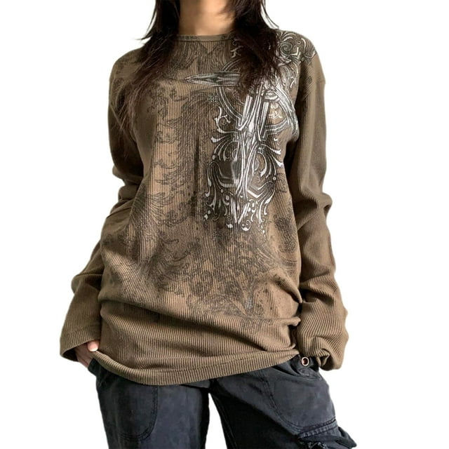 Fortune Hauts Punk pour Femmes Manches Longues Imprimé Croix T-Shirts Amples Vintage Mode Urbaine