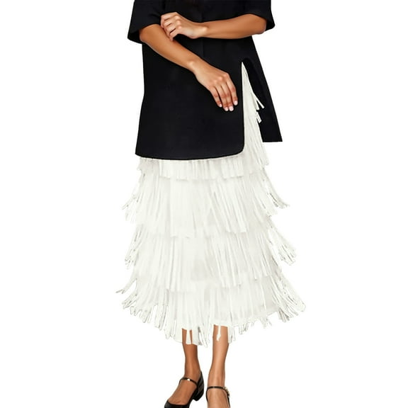 FEIFLY Women Layered Fringe Hem Maxi Skirt For Elegant Tiered Ruffle Design Flowy Boho Style High Waist A-Line Long Skirt Casual Party Wear Relaxed Fit Female Solid Color Dailywear