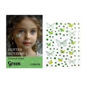 Butterfly Face Gems for Girls – 2PCS +Summer Glitter Face Jewels, Self-Adhesive Rhinestones for Eyes, Cheeks, Body Nail– Festival, Rave, Cosplay, Birthday Party, Makeup Decoration (Green)