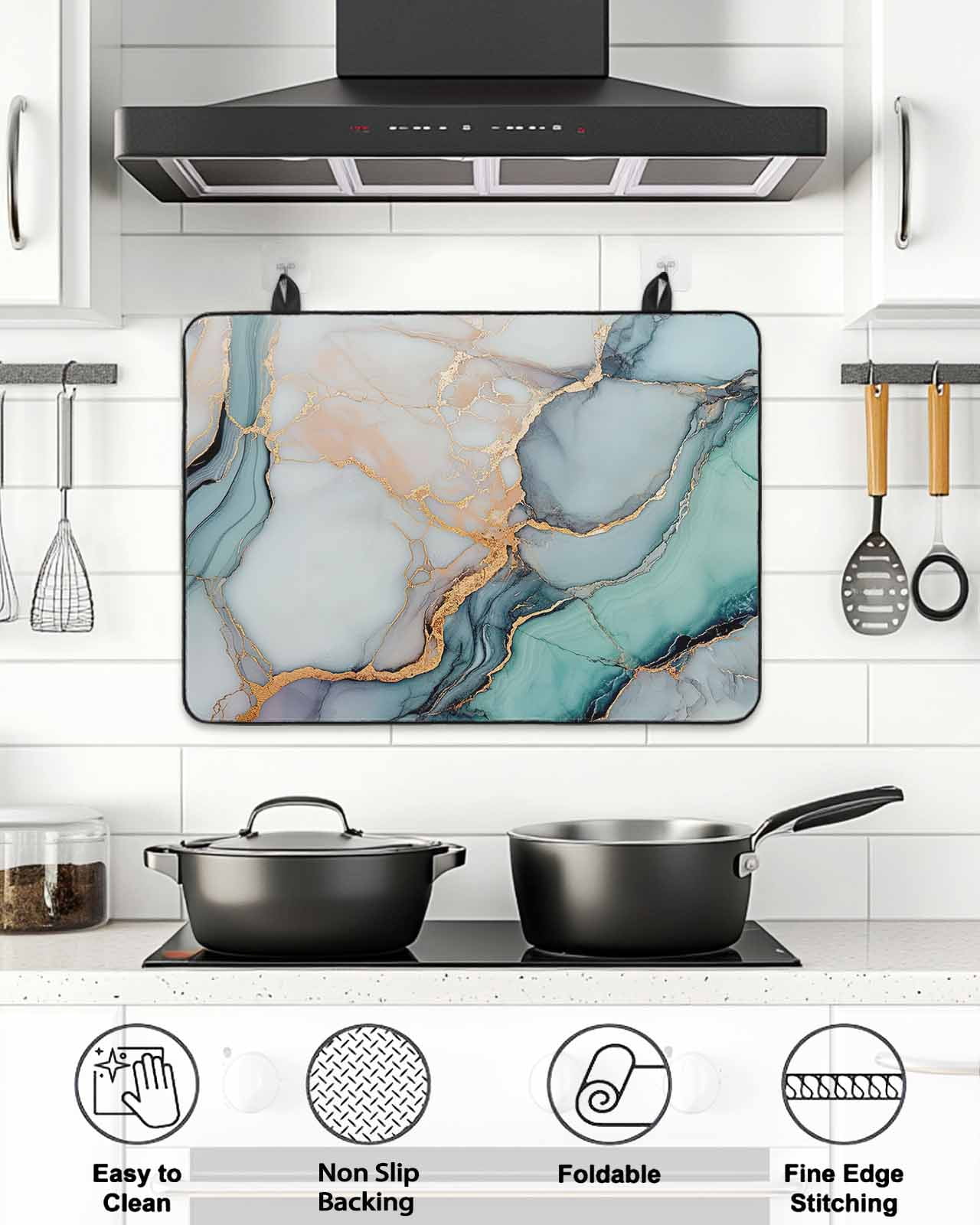 Stove Top Covers for Electric Stove, Blue Teal Marble Glass Stovetop Cover Protector, Modern Ink Painting Abstract Induction Cooktop Protector Oven Mat for Kitchen Countertop 31"x24"