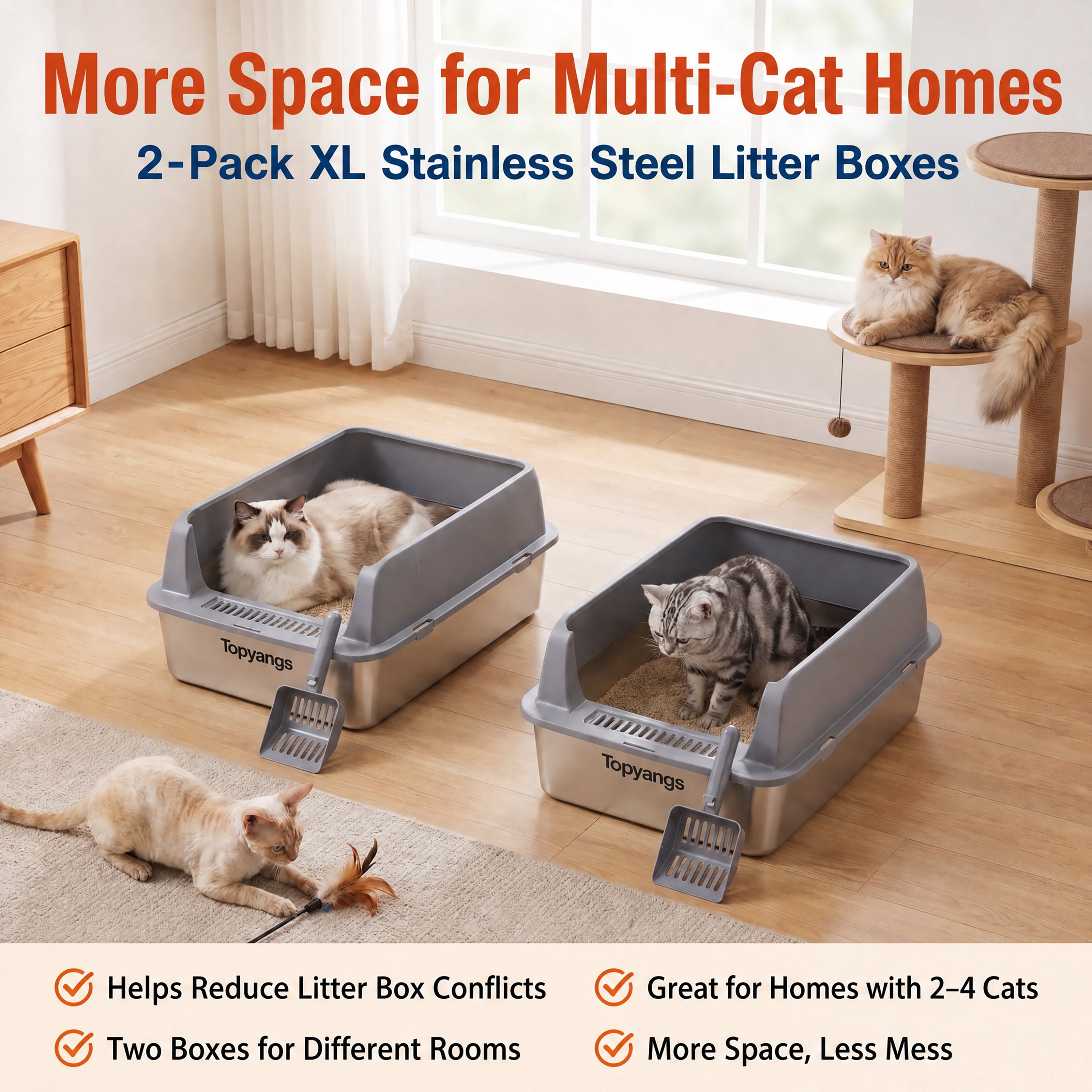 Topyangs 2 Pack Extra Large Stainless Steel Open Top Metal Cat Litter Box for Multi-Cat, Gray