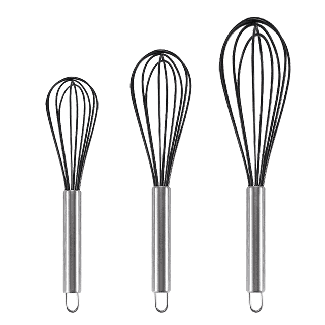 Batidor de silicona, juego de 3 batidores resistentes con forma de globo, batidora de cocina mejorada, mango de acero inoxidable