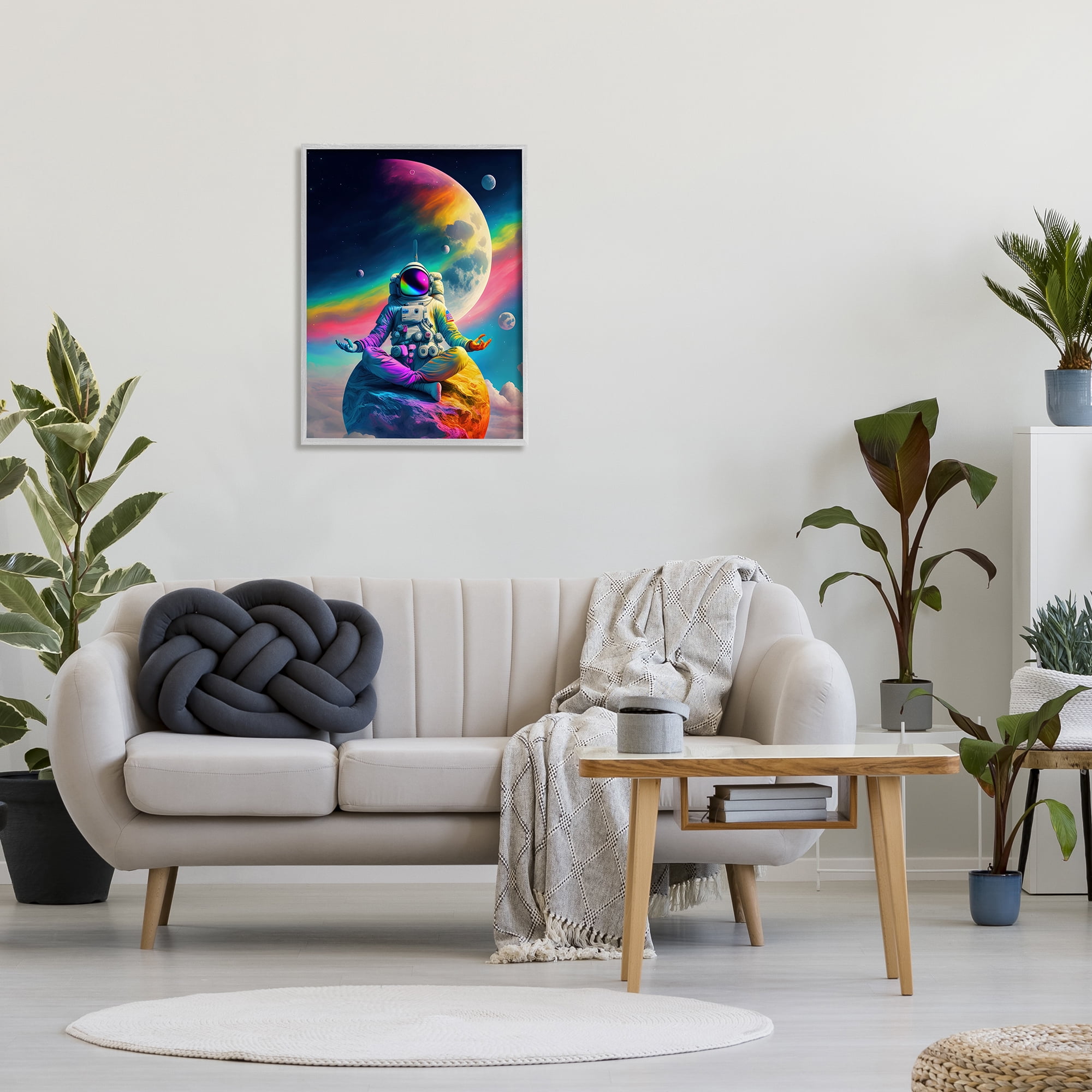 Stupell Industries Astronaut Meditating on Moon Novelty Painting Gray Framed Art Print Wall Art, 24 x 30